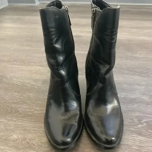 Harley Davidson Black Leather Heeled Western Block Heel Mid Calf Boots Point Toe