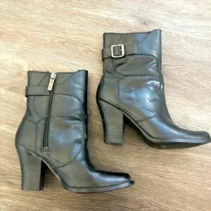Harley Davidson Black Leather Heeled Western Block Heel Mid Calf Boots Point Toe