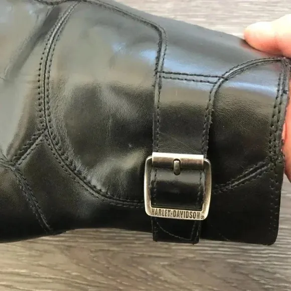 Harley Davidson Black Leather Heeled Western Block Heel Mid Calf Boots Point Toe