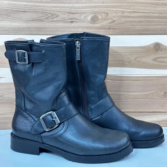 Harley Davidson Motorcycle Boots Black Leather Buckle Accent Zip Size 7