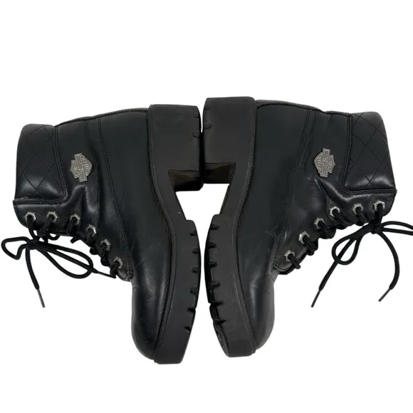 Harley Davidson Womens Black Leather Combat Boots Rugged Design Chunky Soles
