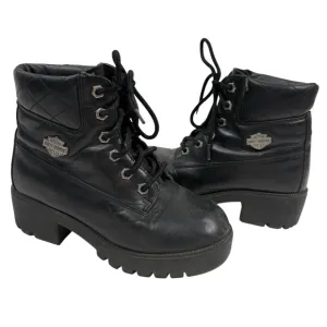 Harley Davidson Womens Black Leather Combat Boots Rugged Design Chunky Soles