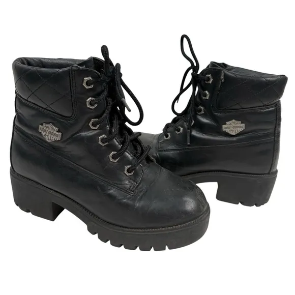 Harley Davidson Womens Black Leather Combat Boots Rugged Design Chunky Soles