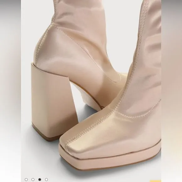 Hartley Light Nude Satin Platform Mid-Calf Sock Boots