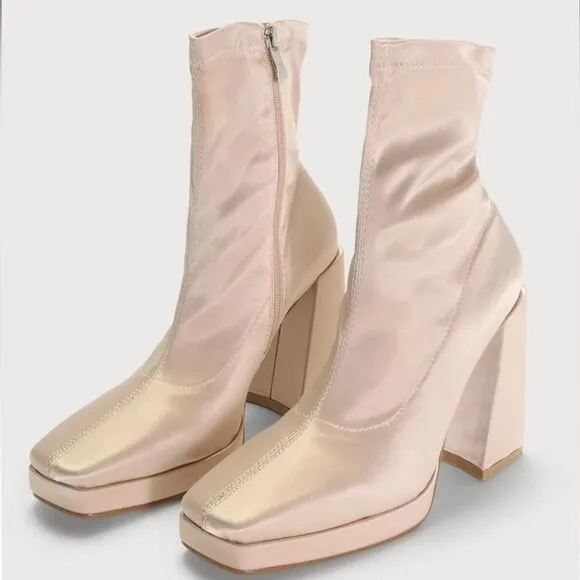 Hartley Light Nude Satin Platform Mid-Calf Sock Boots
