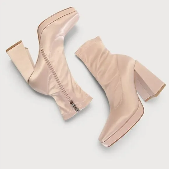 Hartley Light Nude Satin Platform Mid-Calf Sock Boots