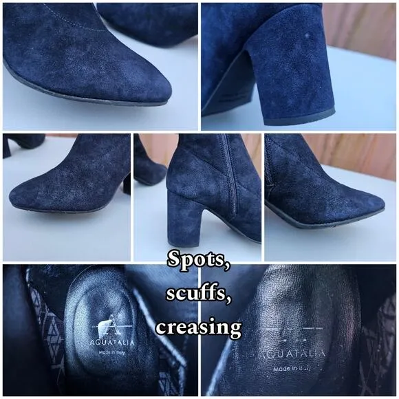Heeled Boots Aquatalia Briana Size 7 Weatherproof Leather Bootie Zip Blue Suede