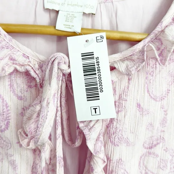 House Of Harlow 1960 Paisley Ajay Ruffle Long Sleeve Mini Dress Lilac XS NWT