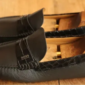 Hugo Boss Black Leather Crocodile Driving Shoes Loafers Mens US 13