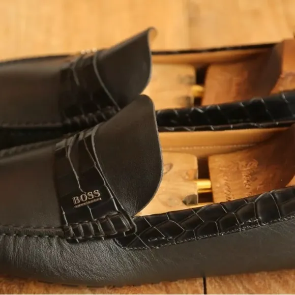 Hugo Boss Black Leather Crocodile Driving Shoes Loafers Mens US 13
