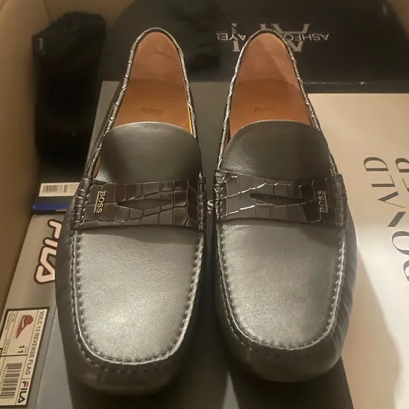 Hugo Boss Black Leather Crocodile Driving Shoes Loafers Mens US 13