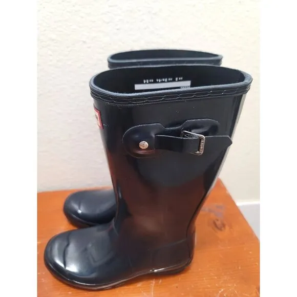 Hunter Kids Navy Blue Glossy Rain Boots With Adjustable Buckle Strap Size 3/4