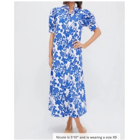 HYACINTH HOUSE Blue Floral Ruffle Collar Louisa Maxi Dress