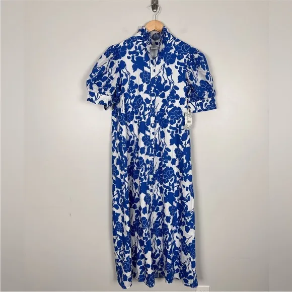 HYACINTH HOUSE Blue Floral Ruffle Collar Louisa Maxi Dress