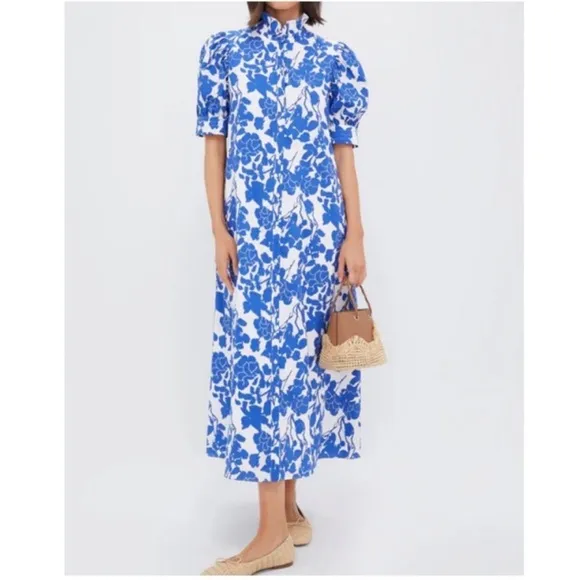 HYACINTH HOUSE Blue Floral Ruffle Collar Louisa Maxi Dress