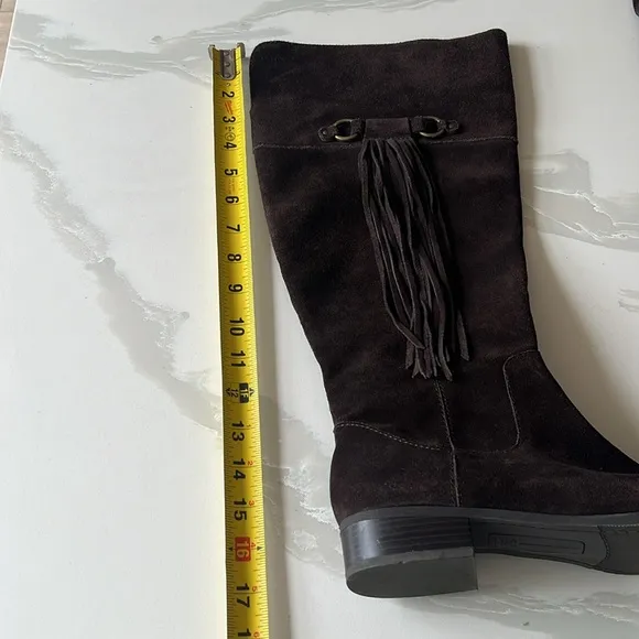 INC International Concepts Fayer Tall Brown Fringe Suede Boots Women 8 Wide Calf