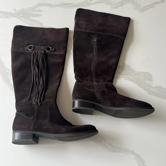 INC International Concepts Fayer Tall Brown Fringe Suede Boots Women 8 Wide Calf