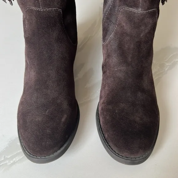 INC International Concepts Fayer Tall Brown Fringe Suede Boots Women 8 Wide Calf
