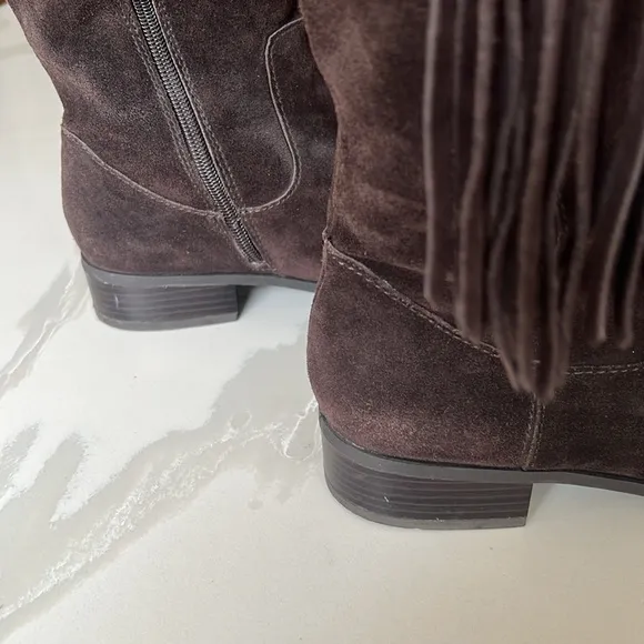 INC International Concepts Fayer Tall Brown Fringe Suede Boots Women 8 Wide Calf