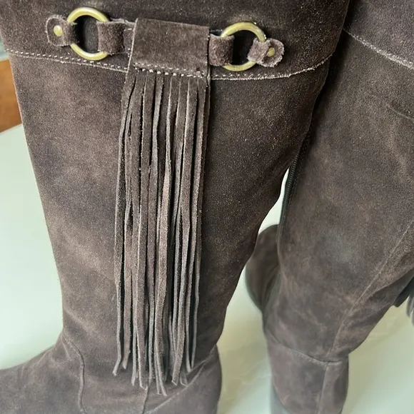 INC International Concepts Fayer Tall Brown Fringe Suede Boots Women 8 Wide Calf