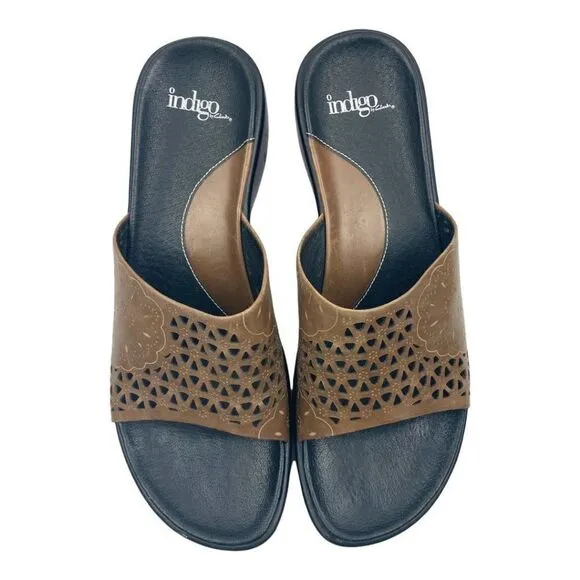 Indigo by Clarks Women's Brown Leather Cut Out Open Toe Wedge Sandals US 10M