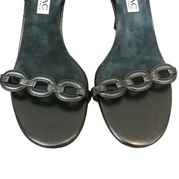 Isaac Mizrahi Size 9.5 Slingback Metallic Gray Leather Heel Sandals Italy