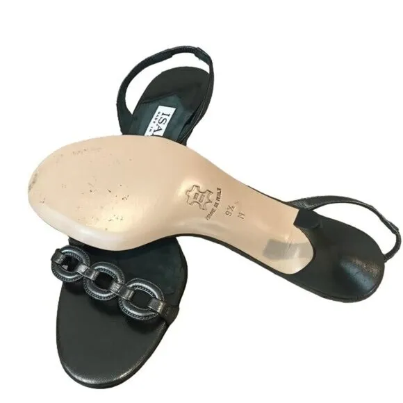 Isaac Mizrahi Size 9.5 Slingback Metallic Gray Leather Heel Sandals Italy