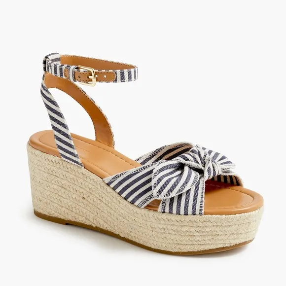 J. Crew Blue and White Stripe Canvas Bow Platform Espadrilles Sandals