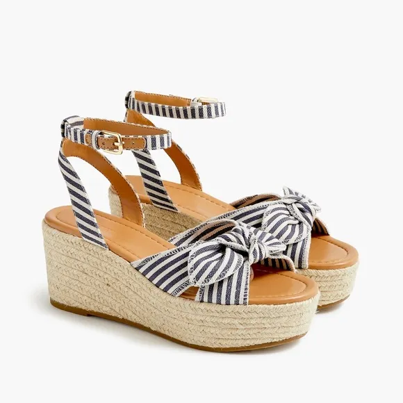 J. Crew Blue and White Stripe Canvas Bow Platform Espadrilles Sandals