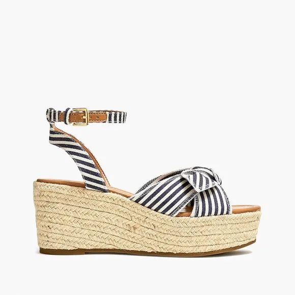 J. Crew Blue and White Stripe Canvas Bow Platform Espadrilles Sandals