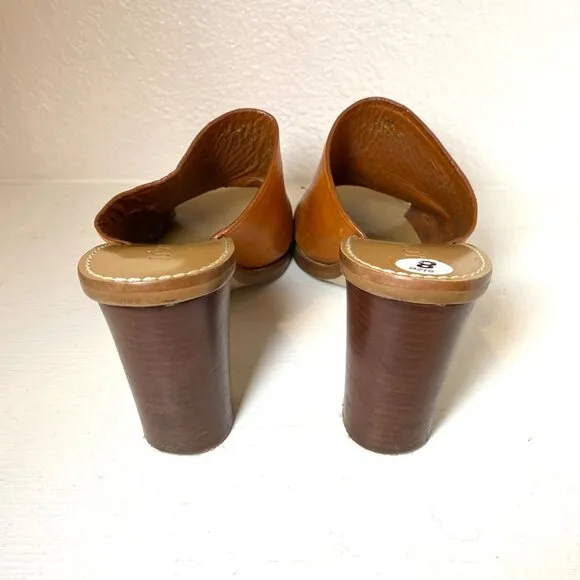 J. Crew Margo Leather Open Toe Block Heel Mules Sandals Cognac Brown 8