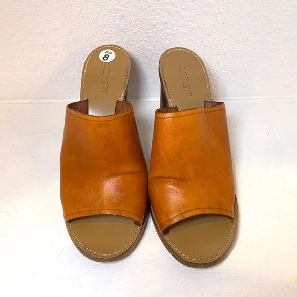 J. Crew Margo Leather Open Toe Block Heel Mules Sandals Cognac Brown 8