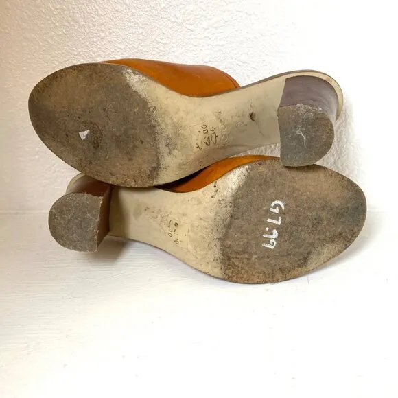 J. Crew Margo Leather Open Toe Block Heel Mules Sandals Cognac Brown 8