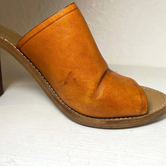 J. Crew Margo Leather Open Toe Block Heel Mules Sandals Cognac Brown 8