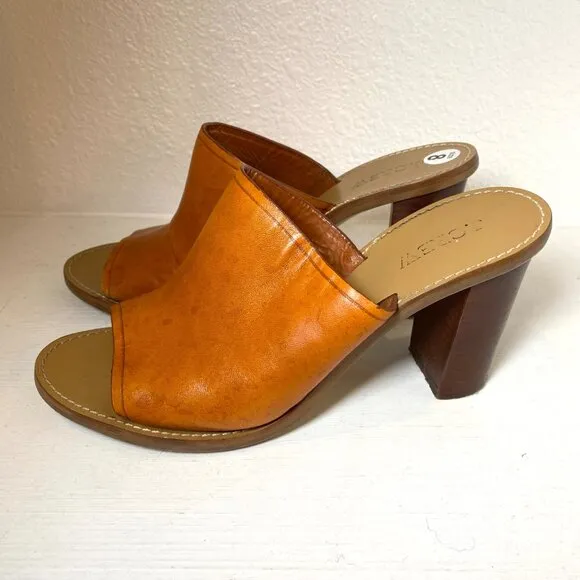 J. Crew Margo Leather Open Toe Block Heel Mules Sandals Cognac Brown 8