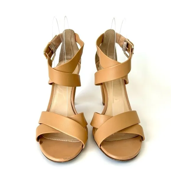 J. Crew Mari Tan Leather Block Heel Crisscross Sandals Made in Italy Size 8.5