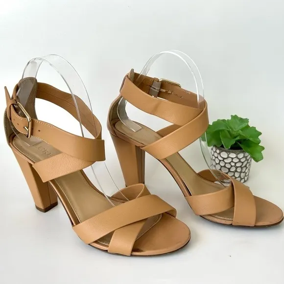 J. Crew Mari Tan Leather Block Heel Crisscross Sandals Made in Italy Size 8.5