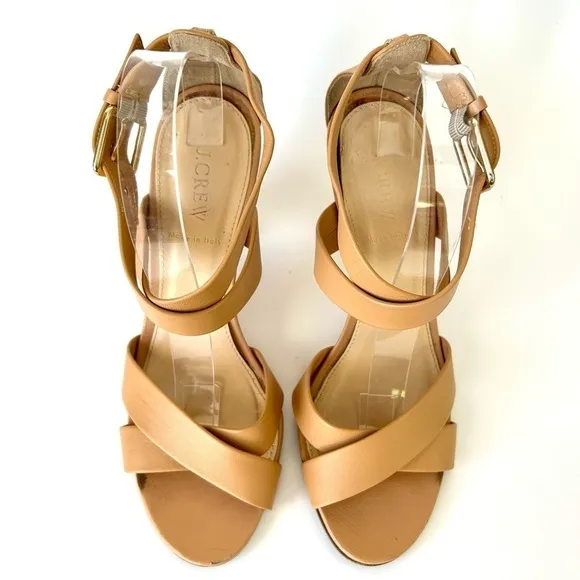 J. Crew Mari Tan Leather Block Heel Crisscross Sandals Made in Italy Size 8.5
