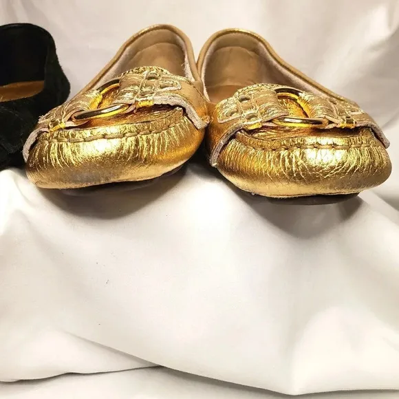 J. Crew Women's Suede &amp; Metallic Buckle Penny Loafers Gold Black Size 5