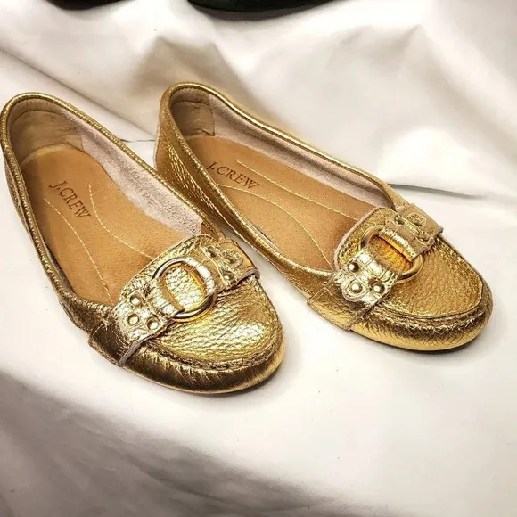 J. Crew Women's Suede &amp; Metallic Buckle Penny Loafers Gold Black Size 5