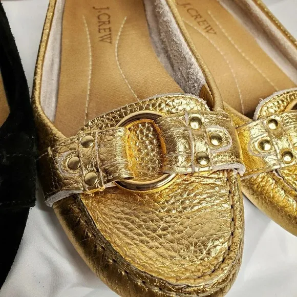 J. Crew Women's Suede &amp; Metallic Buckle Penny Loafers Gold Black Size 5