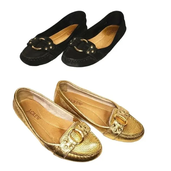J. Crew Women's Suede &amp; Metallic Buckle Penny Loafers Gold Black Size 5