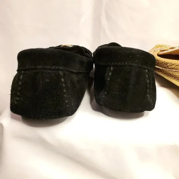 J. Crew Women's Suede &amp; Metallic Buckle Penny Loafers Gold Black Size 5