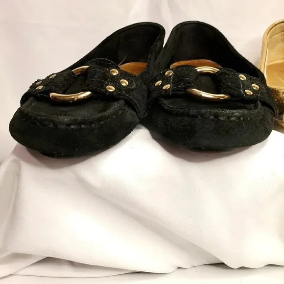 J. Crew Women's Suede &amp; Metallic Buckle Penny Loafers Gold Black Size 5