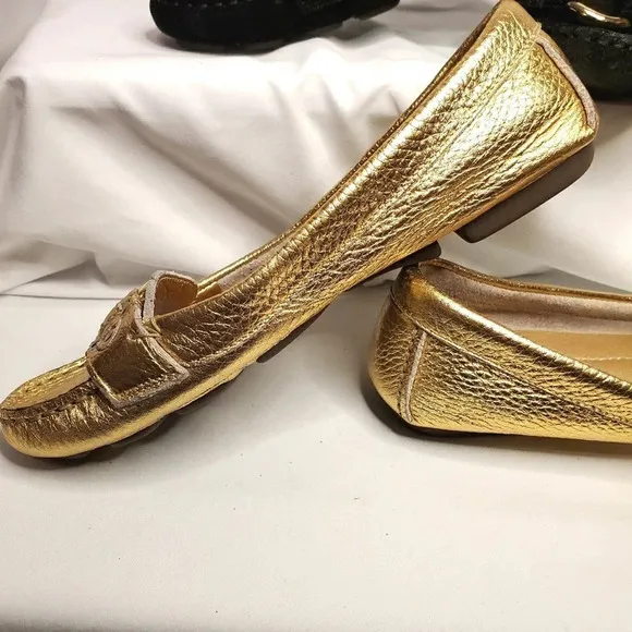 J. Crew Women's Suede &amp; Metallic Buckle Penny Loafers Gold Black Size 5