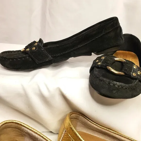 J. Crew Women's Suede &amp; Metallic Buckle Penny Loafers Gold Black Size 5