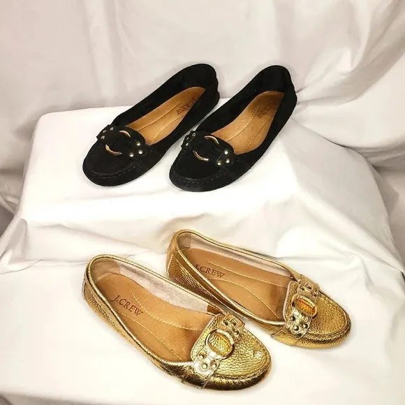 J. Crew Women's Suede &amp; Metallic Buckle Penny Loafers Gold Black Size 5