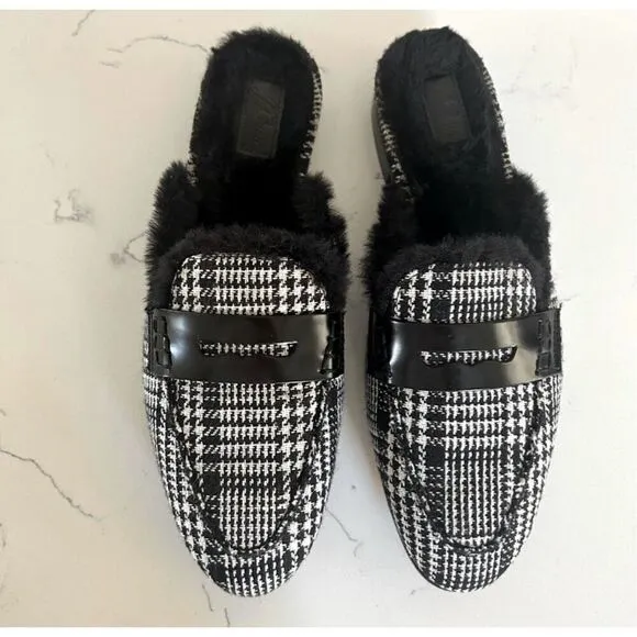 J Crew Academy faux fur loafer mule glen plaid size 7.5