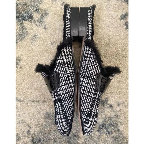 J Crew Academy faux fur loafer mule glen plaid size 7.5