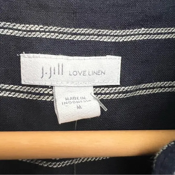 J. Jill Love Linen Mixed Striped Navy Blue Classic Button Up Classic Dress NEW M